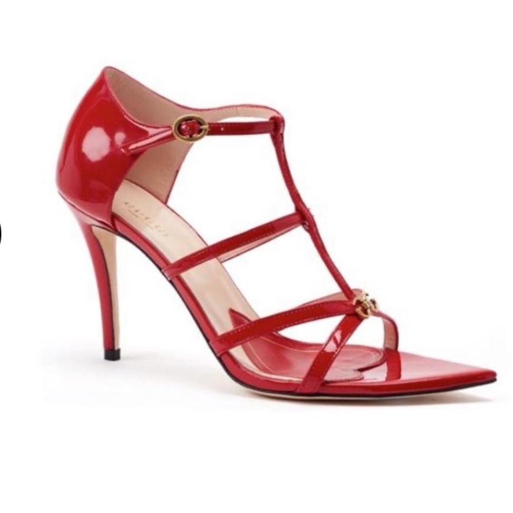 Gucci Red Patent Leather High Heel GG Logo Sandals 38.5